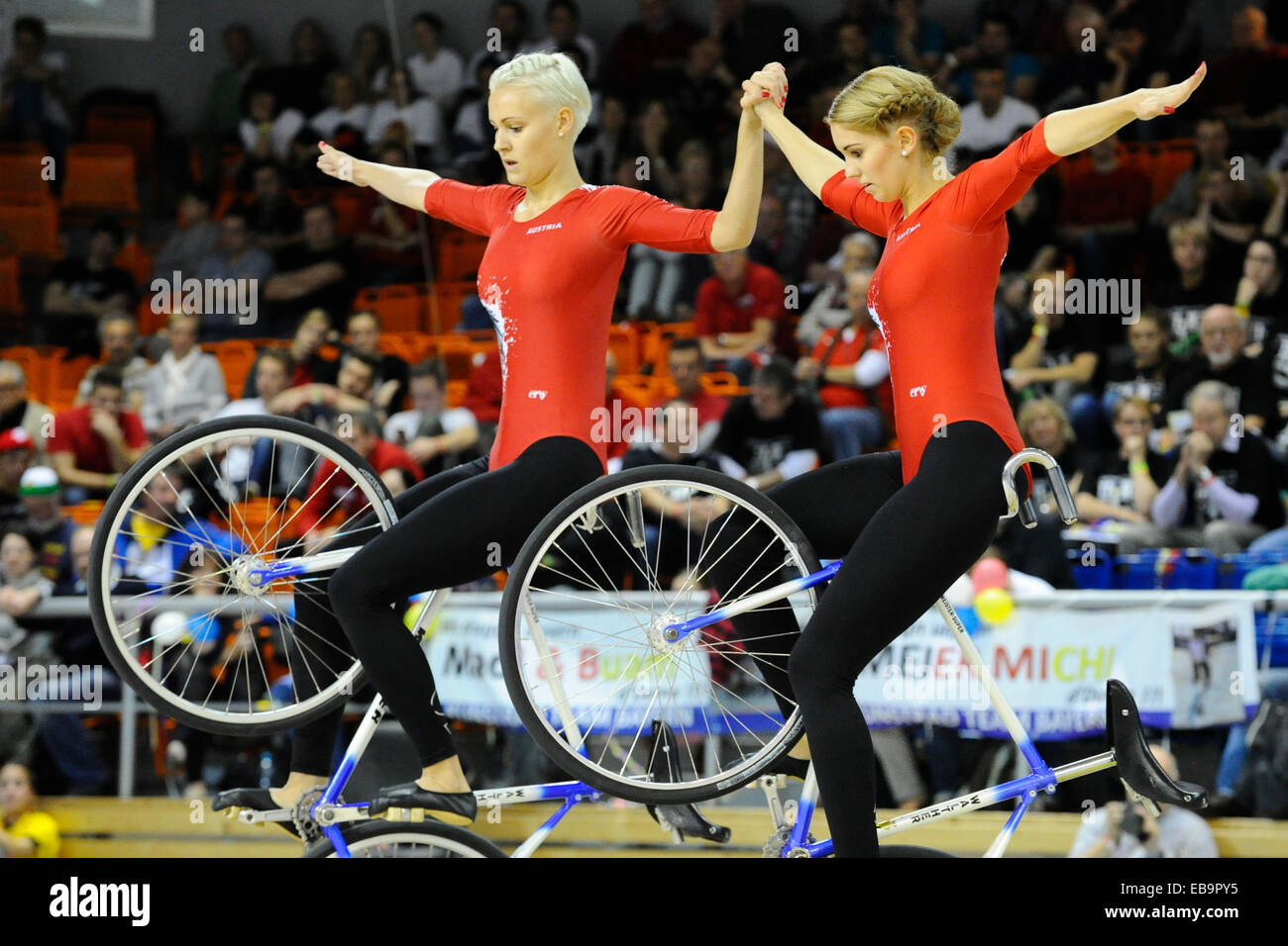 Nadine Morth (left) and Katharina Kuhne of Austria pictured after the Artistic Cycling Pairs Women final at the Indoor Cycling Stock Photo