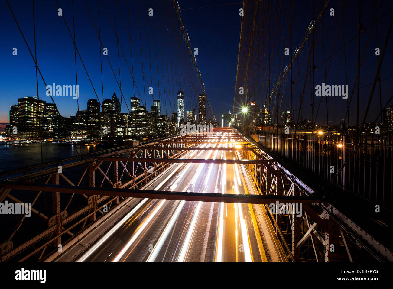 Traffic, rush hour, Brooklyn Bridge, Manhattan skyline, Downtown Brooklyn, Brooklyn, New York Stock Photo