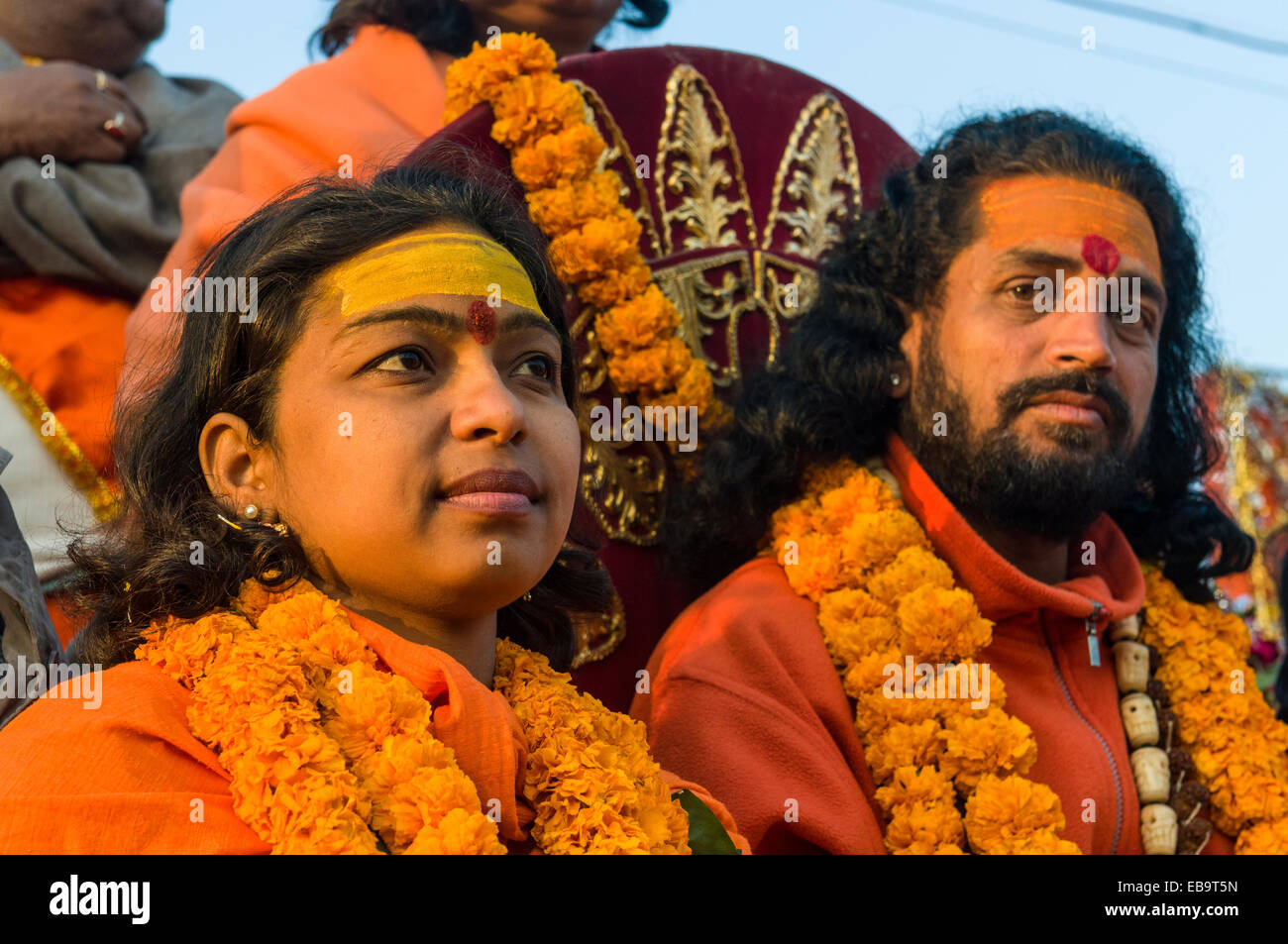 Female and male sadhu, at the procession of the Shahi Snan, the royal bath, during Kumbha Mela festival, Allahabad Stock Photo