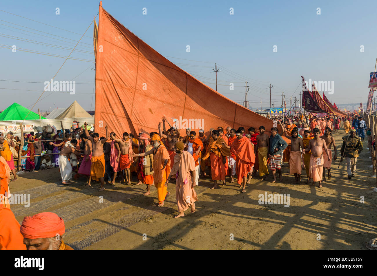 Many sadhus, holy men, participating in the procession of Shahi Snan, the royal bath, during Kumbha Mela festival, Allahabad Stock Photo