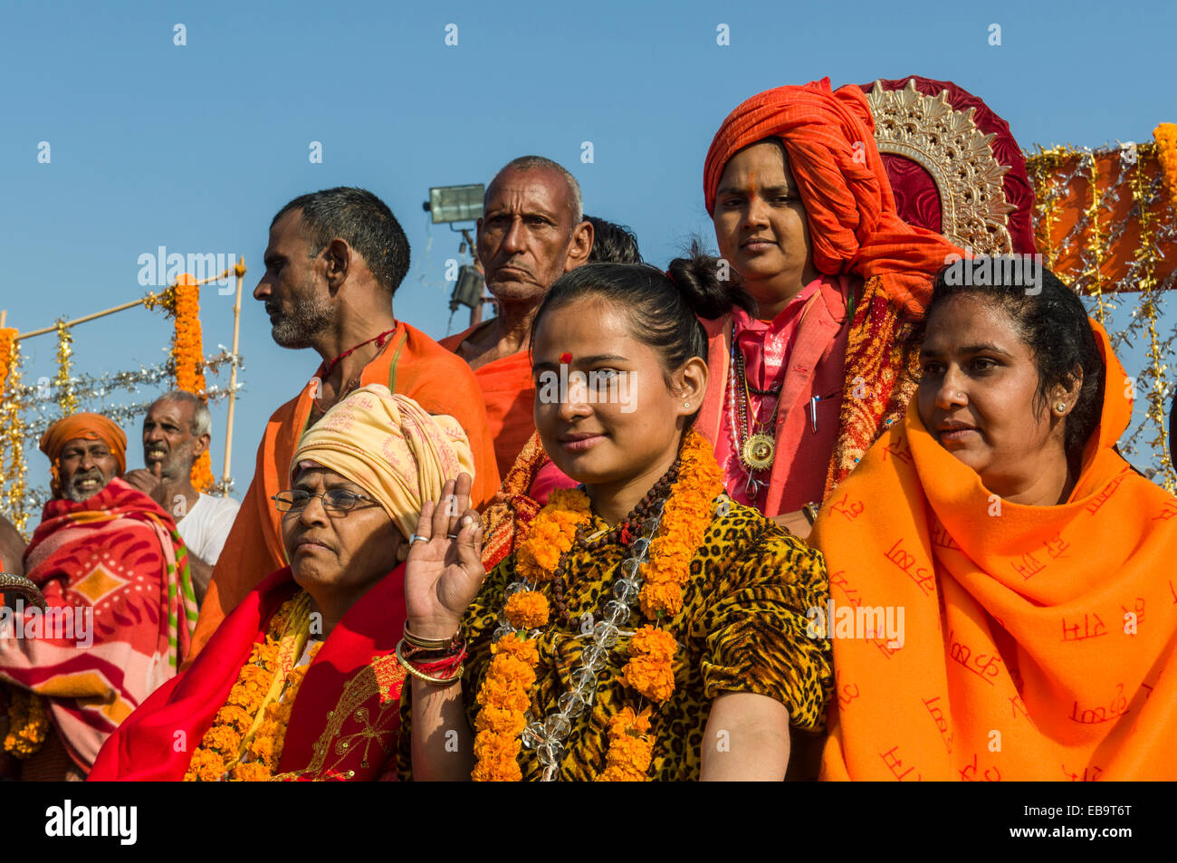 Group of sadhus, holy men, and sadhvis, holy women, participating in the procession of Shahi Snan, the royal bath Stock Photo