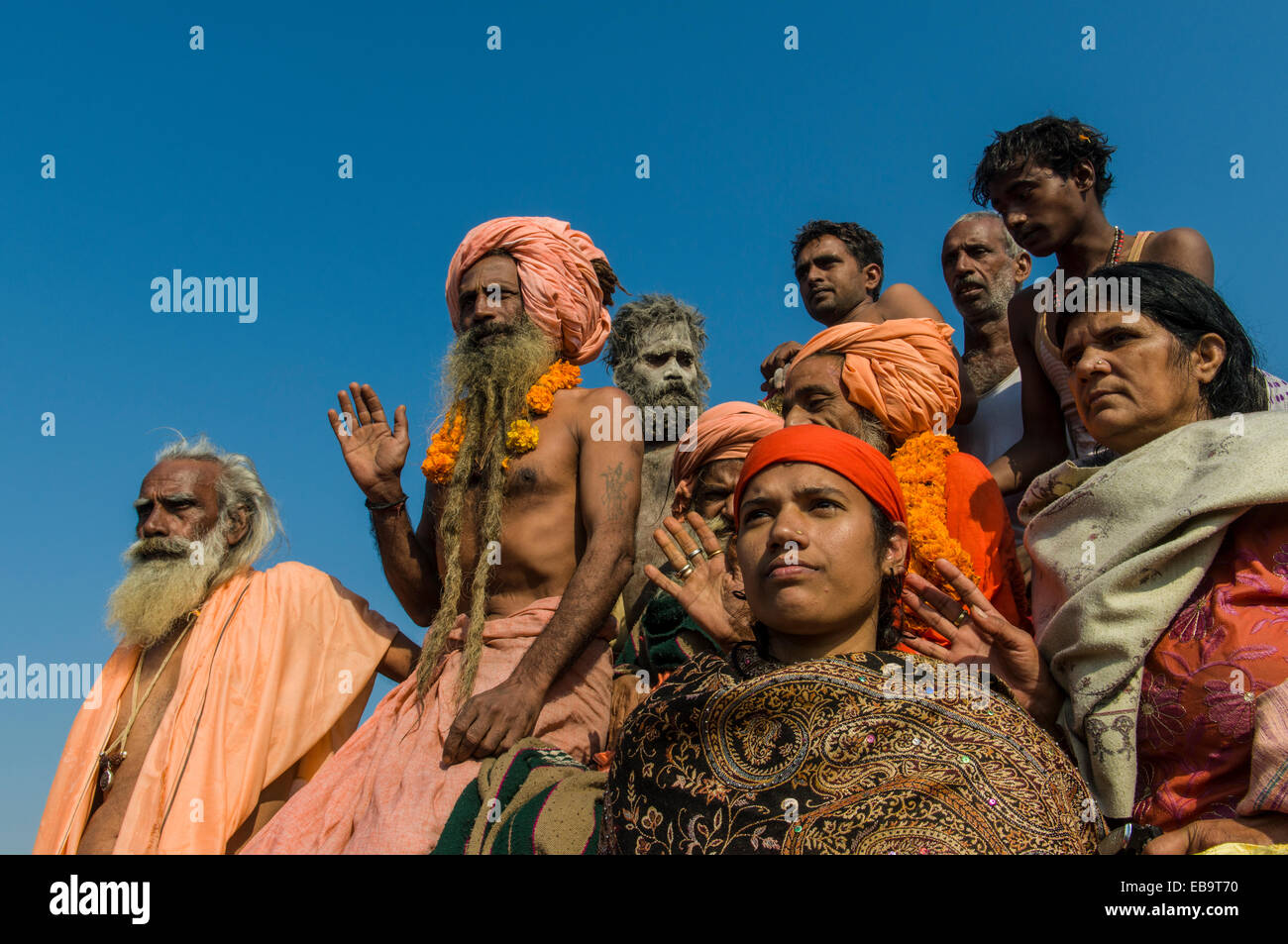 Group of sadhus participating in the procession of Shahi Snan, the royal bath, during Kumbha Mela festival, Allahabad Stock Photo