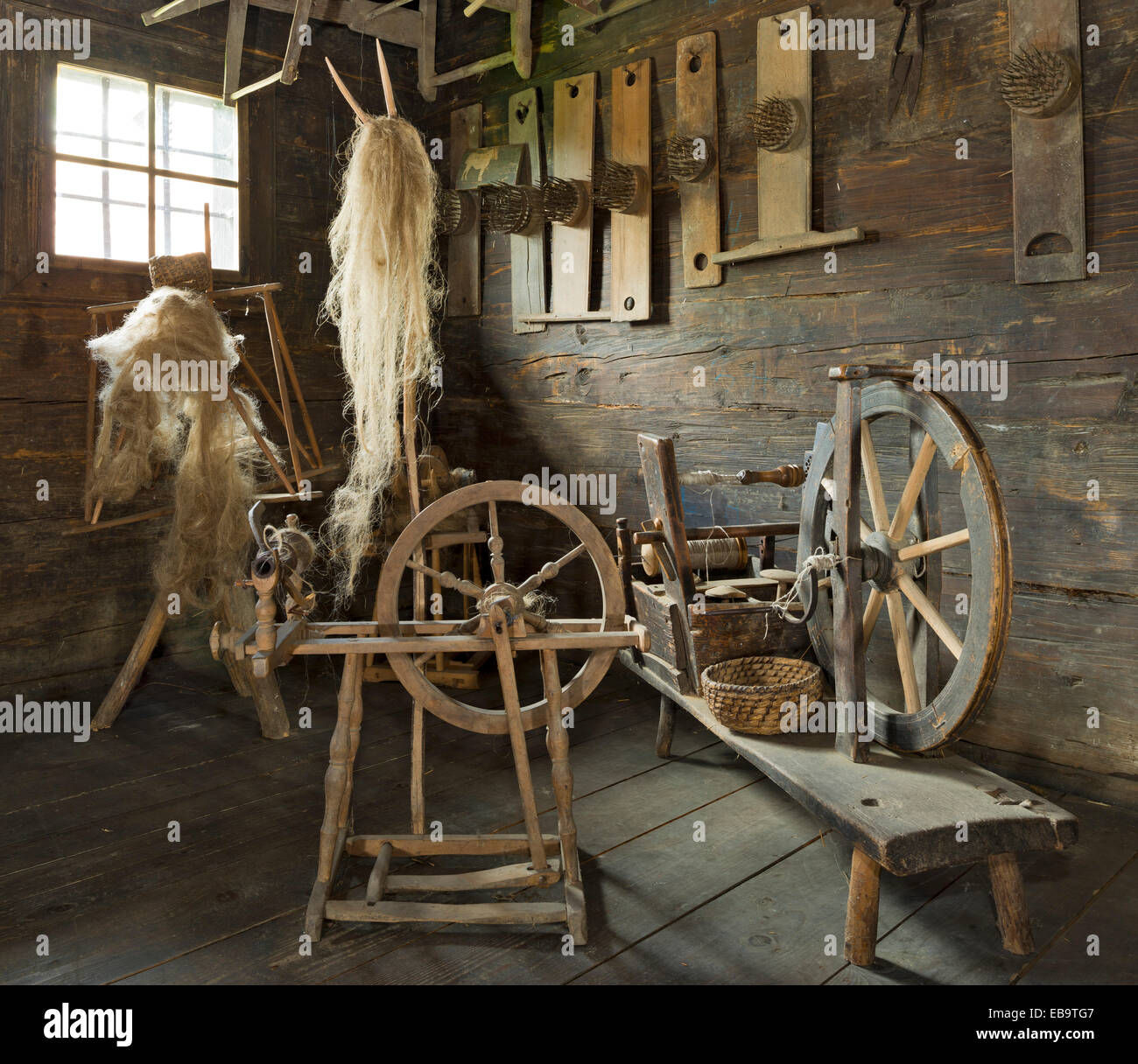 Two antique wooden spinning wheels, also called knitting yarn winders, used  to spin wool into yarn Stock Photo - Alamy