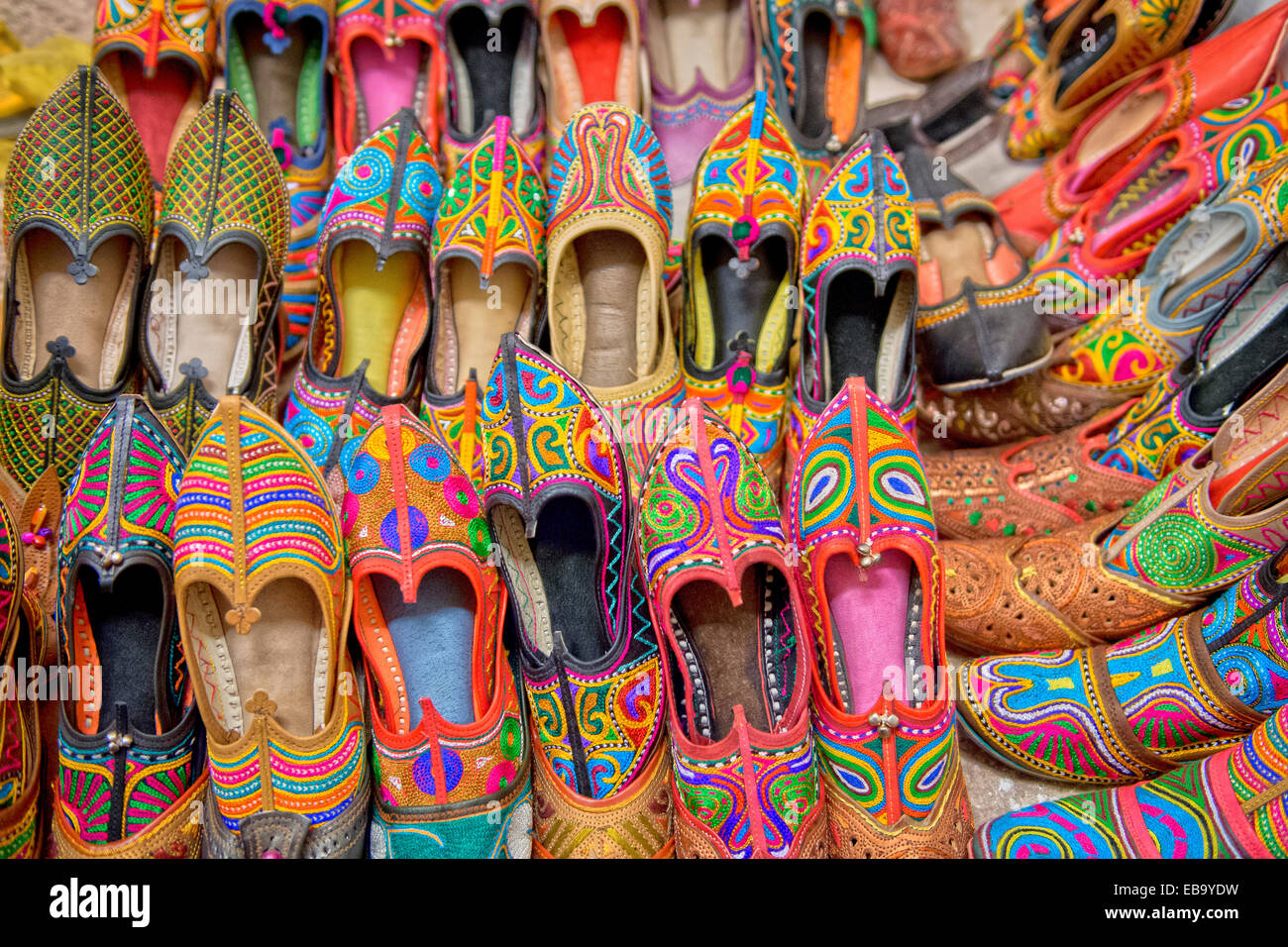 Colourful embroidered traditional shoes at the market, Jodhpur