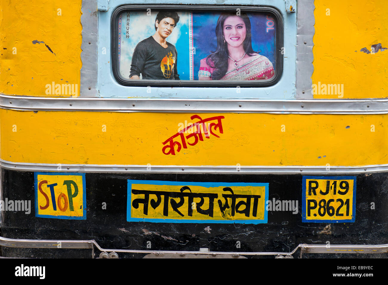 Rear of a motorised rickshaw with images of the Bollywood stars Sharukh Khan and Khajol, Jodhpur, Rajasthan, India Stock Photo