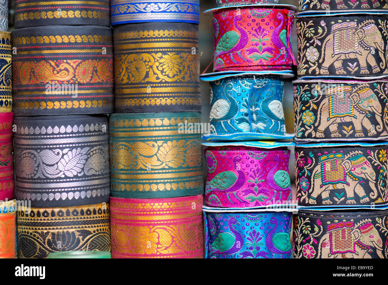 Rolls with embroidered gift ribbons, Jodhpur, Rajasthan, India Stock Photo