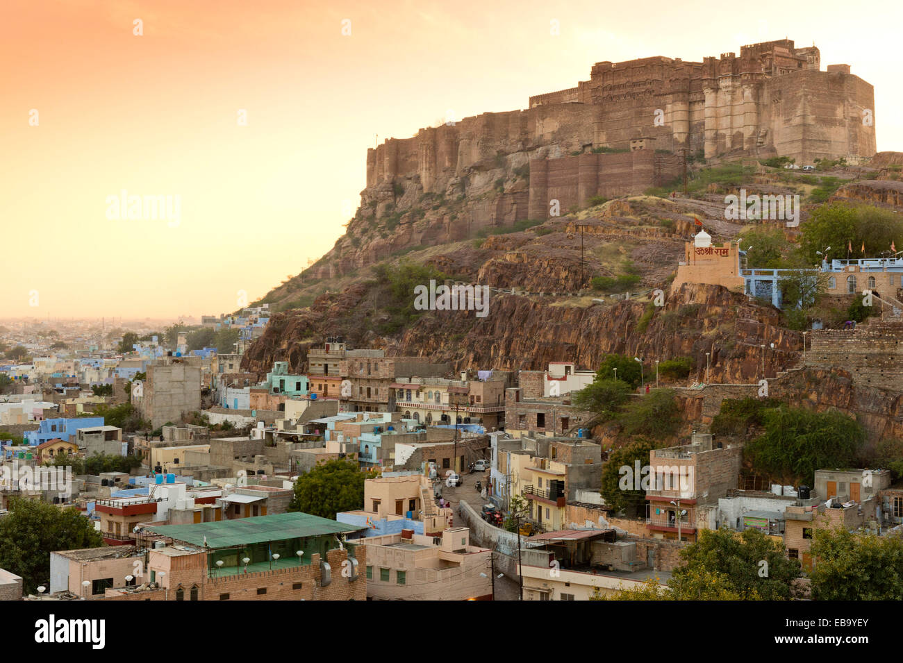 Historical town centre in the evening, Mehrangarh Fort, Jodhpur, Rajasthan, India Stock Photo