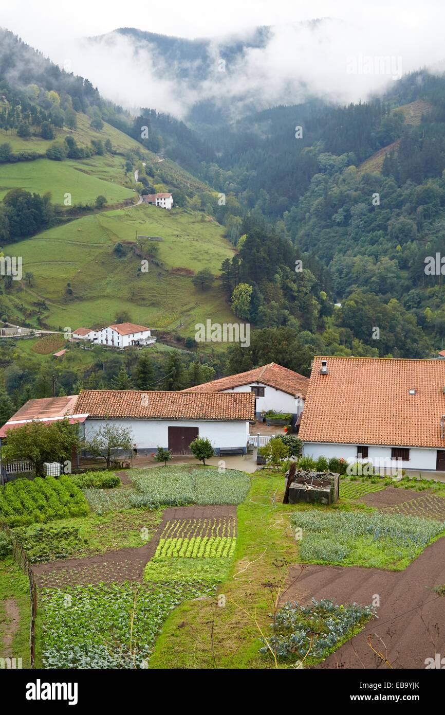 Farmhouses Fog Eibar Gipuzkoa Basque Country Spain. Stock Photo