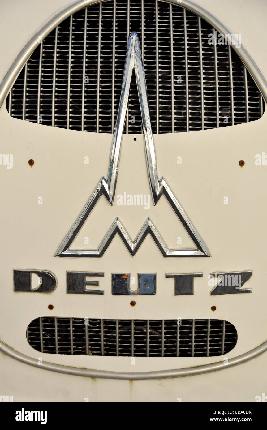 Company logo of Magirus-Deutz on the radiator of a vintage Sirius  Rundhauber truck, built around 1951, Messe Karlsruhe Stock Photo - Alamy