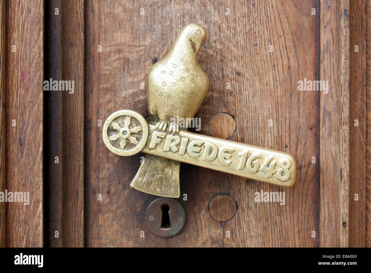 City Hall of the Peace of Westphalia, doorknob shaped like a dove of peace, Osnabrück, Lower Saxony, Germany Stock Photo