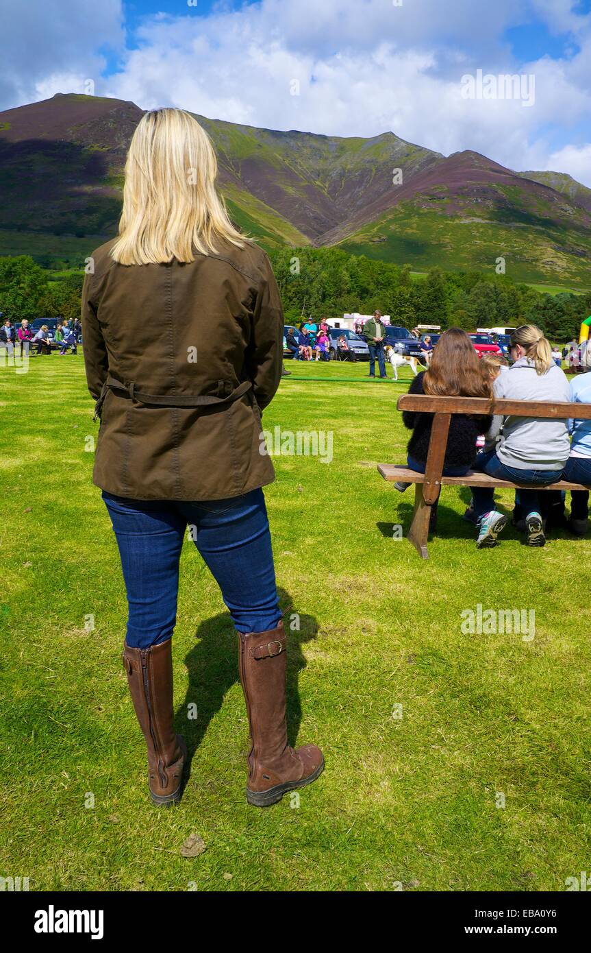 Woman spectator at Threlkeld Show, Threlkeld Keswick Lake District Cumbria England UK Stock Photo