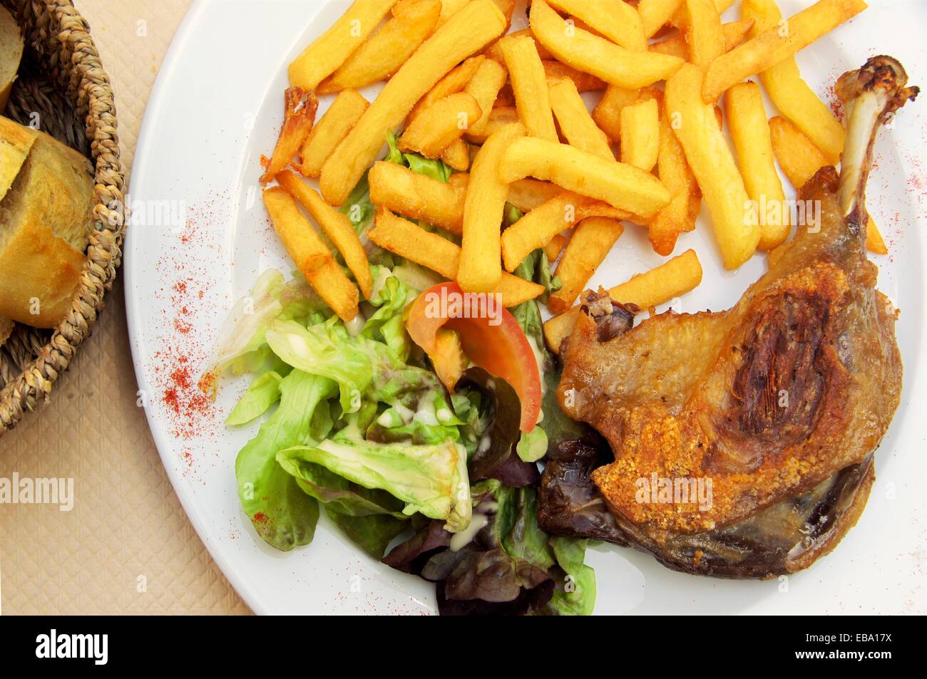 France, Aquitaine, Gironde, Food: ´Confit de Canard´ And Confit with french fries Photo