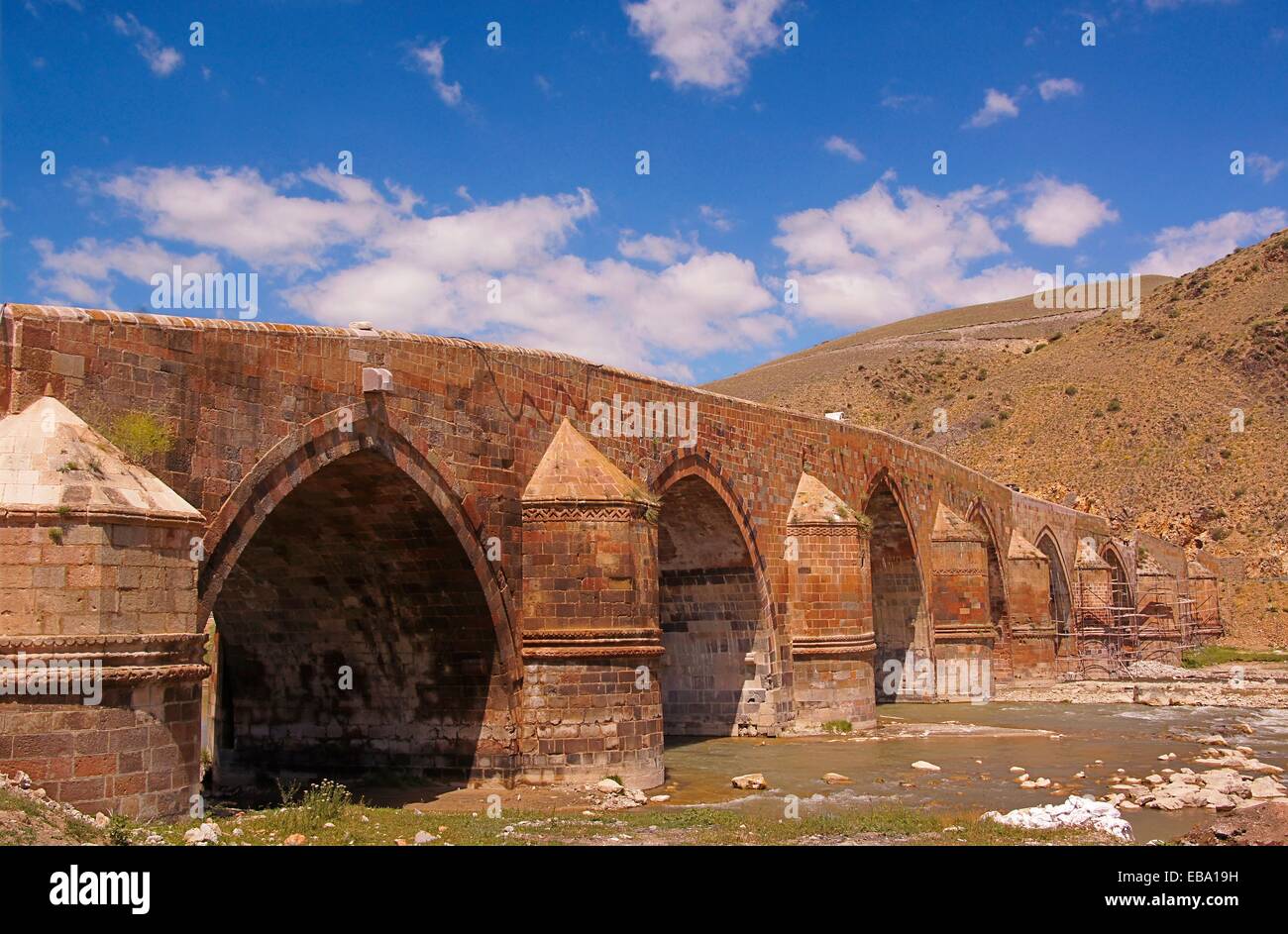 Çobandede bridge over the Aras River (aka Araks, Arax, Araxi, Araxes, Araz, or Yeraskh) on the Silk Road from Erzurum to Kars, Stock Photo