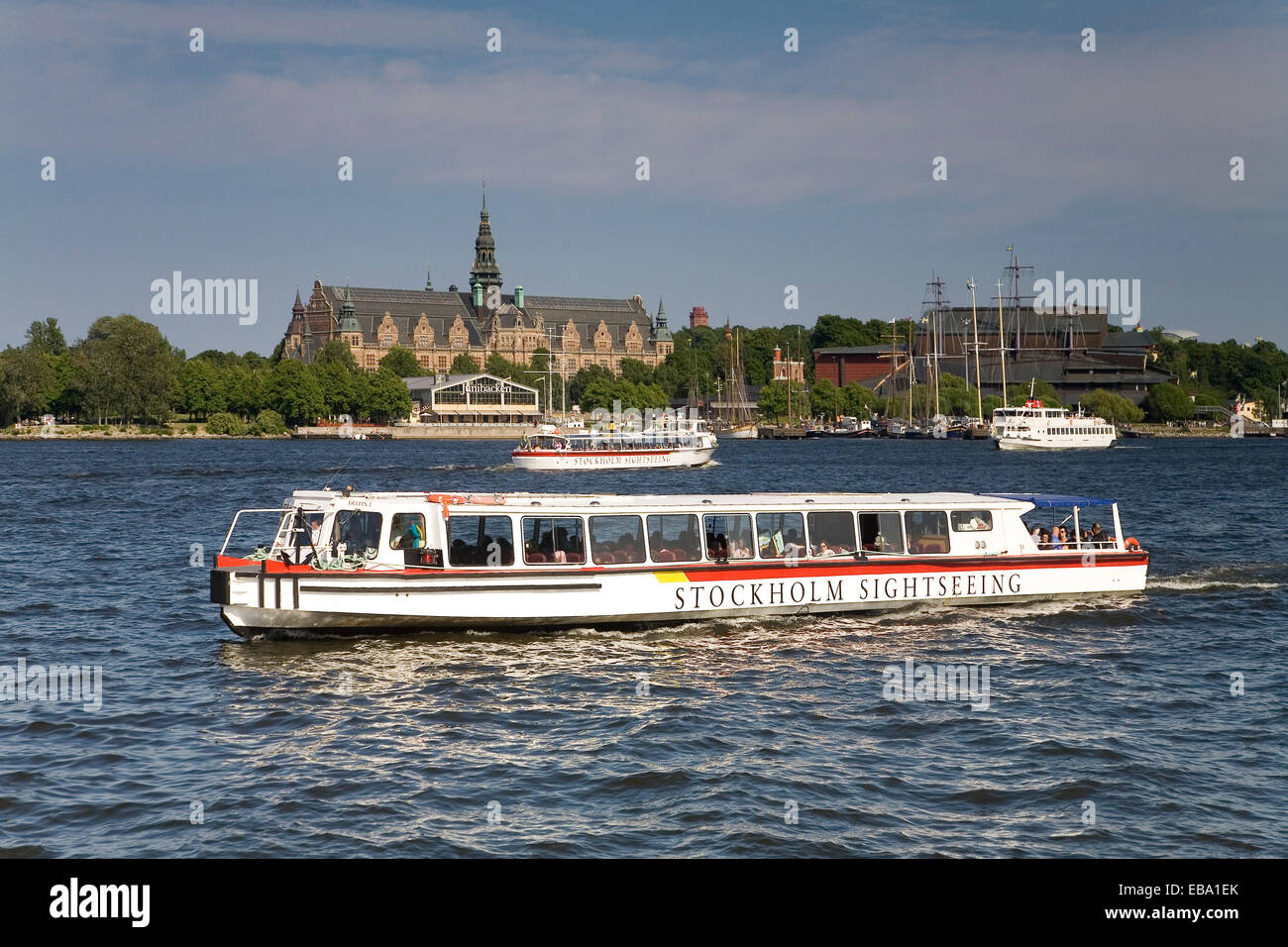 Stockholm Sightseeing boats, Vasa Museum, right, Nordiska Museum, left, Djurgården, Stockholm, Stockholm County, Sweden Stock Photo