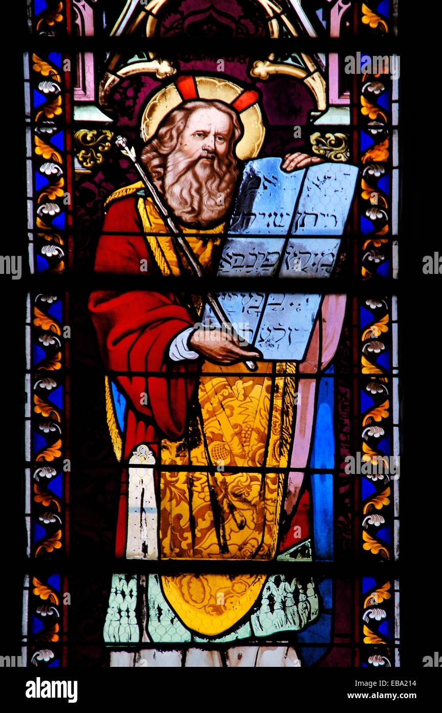 19th century stained-glass window depicting Moses with the Tablets of the Law, at Notre Dame church, Sainte-Foy-la-Grande, Stock Photo