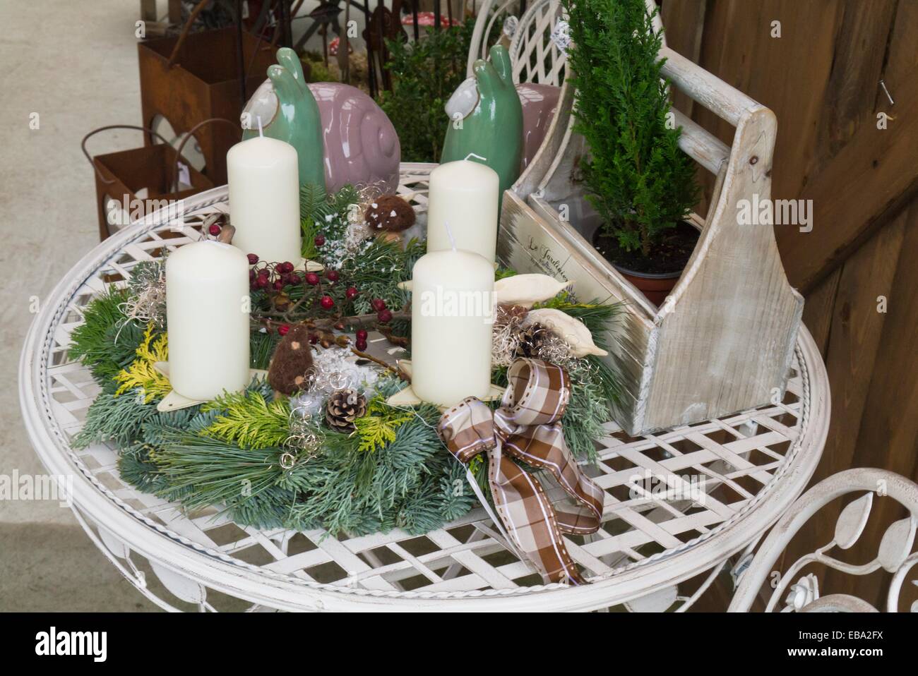 Advent wreath on a white table Stock Photo