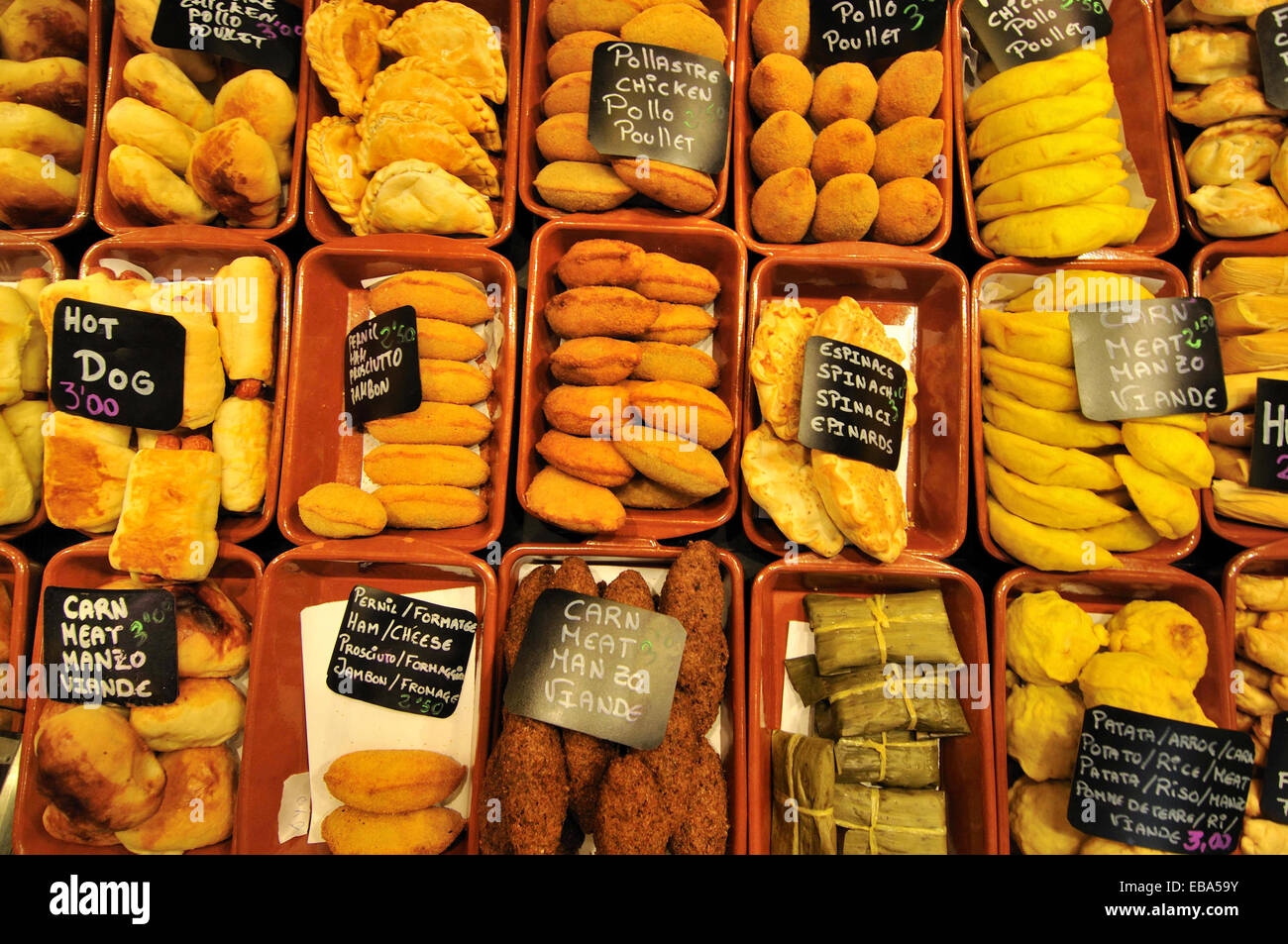 Selection of croquettes and empanadas at Sant Josep (aka La Boqueria) market, Barcelona