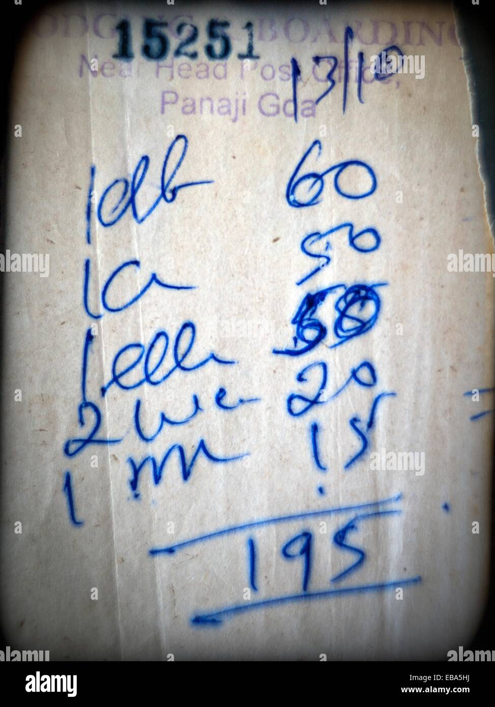 factura de restaurante escrita a mano, restaurant bill handwritten, Stock Photo