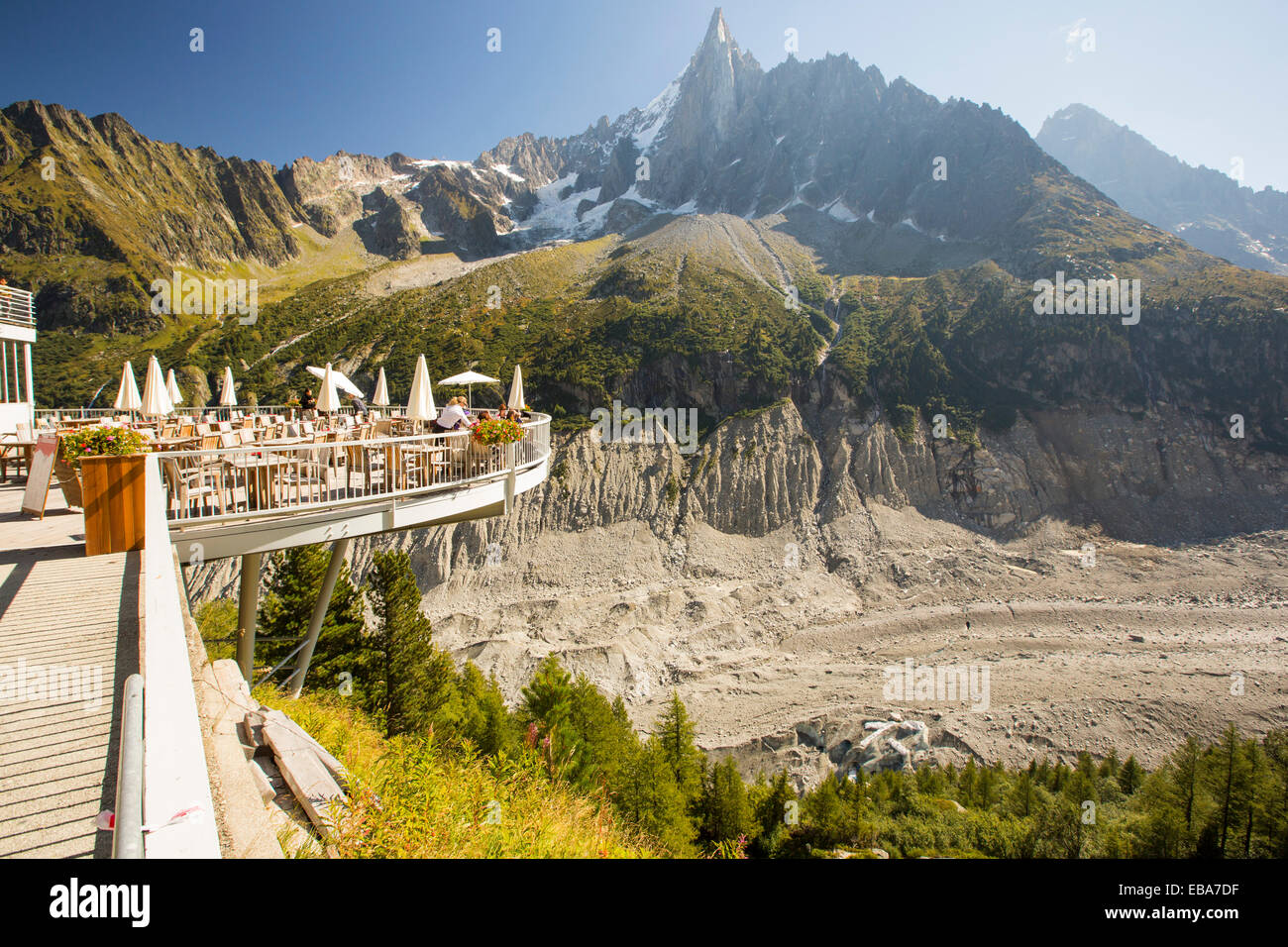 The Mer De Glace which has thinned 150 meters since 1820, and retreated by 2300 Metres, with a balcony cafe overlooking the rapidly shrinking glacier. Stock Photo