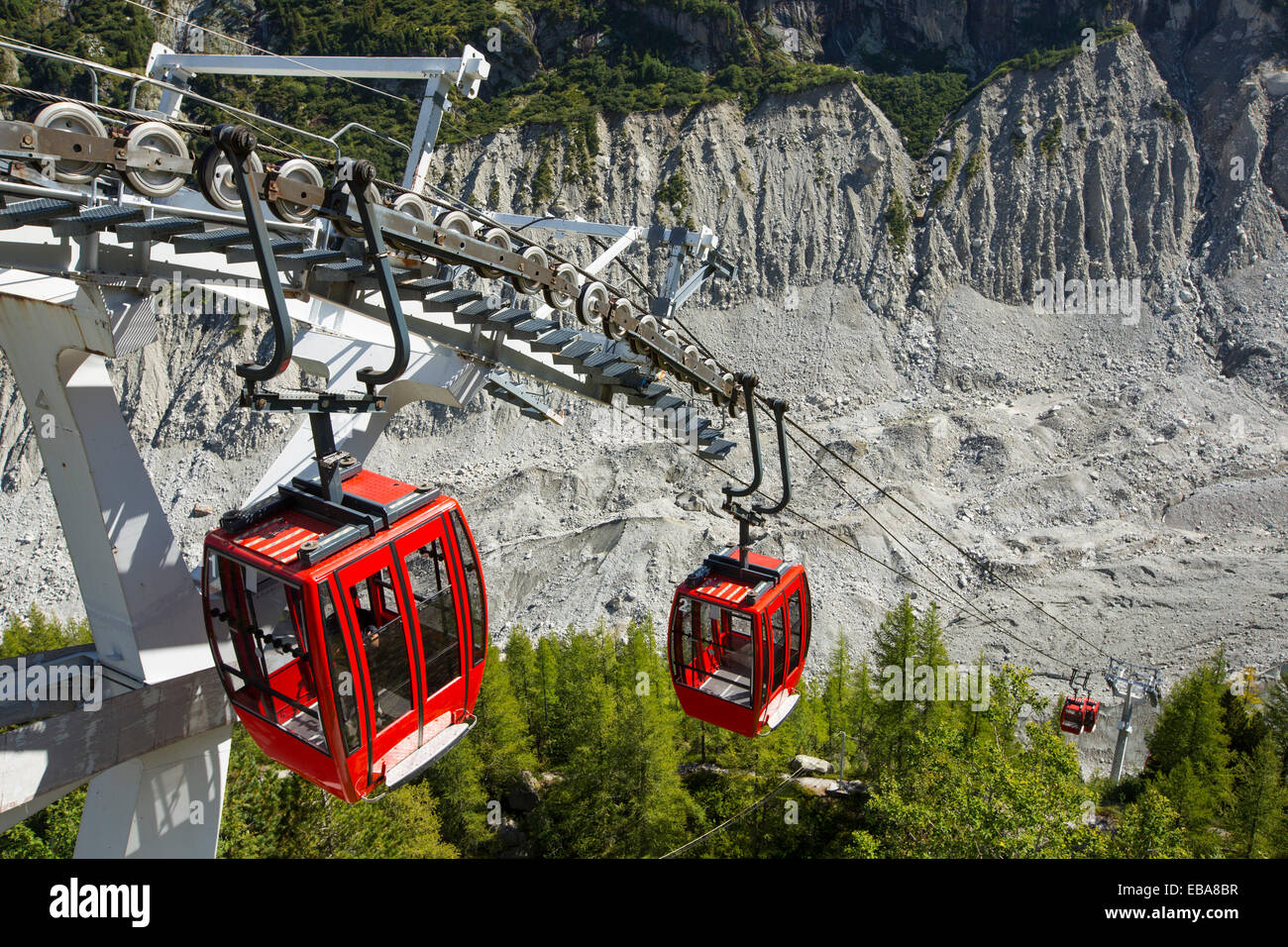 A Cable car taking tourists down from the Montenvers Railway station onto  the Mer De Glace. the railway was built in Victorian times to take tourists  up to the glacier, it has