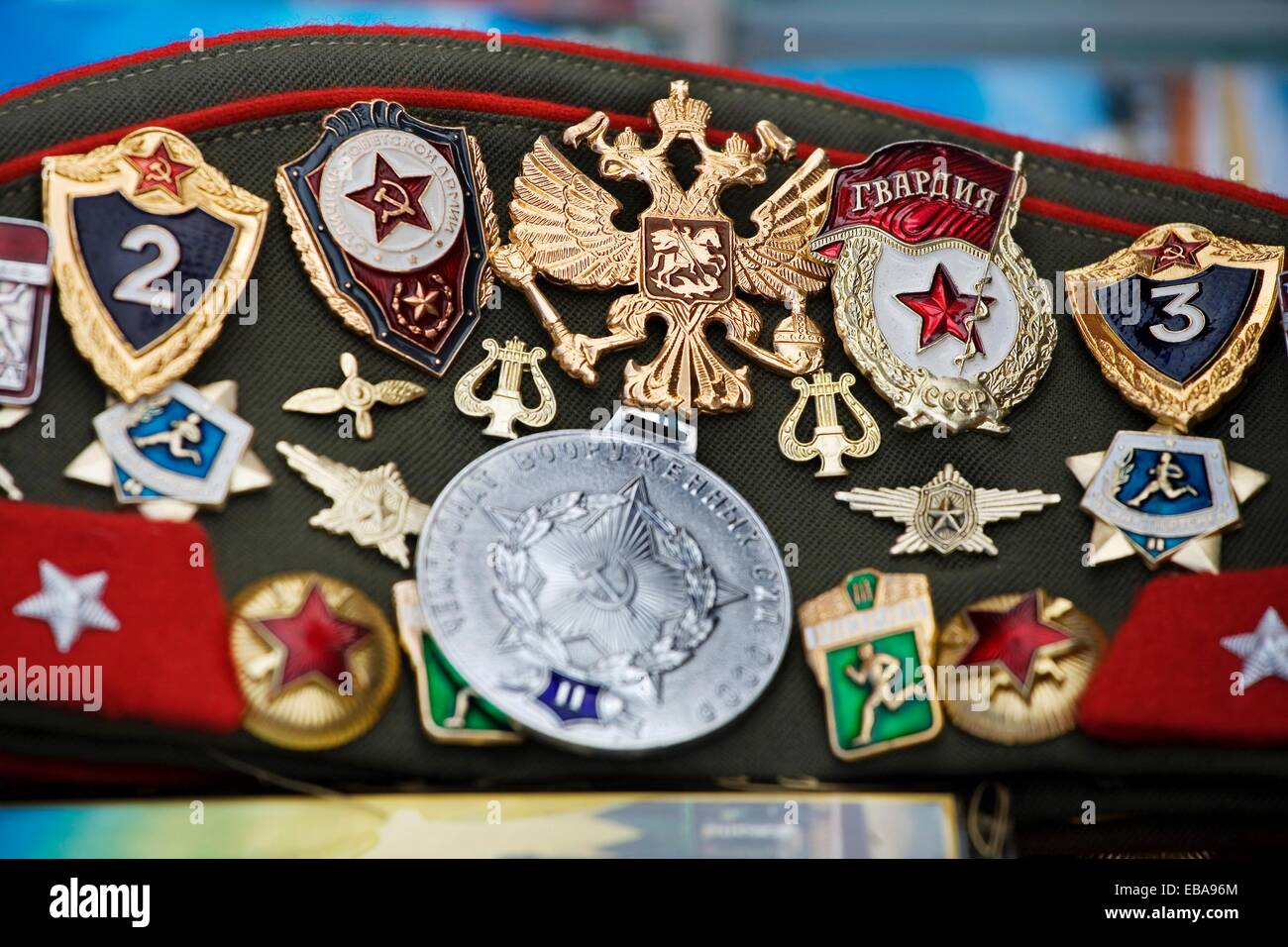 Hat, traditional Russian emblems pins, Moscow  Russia. Stock Photo