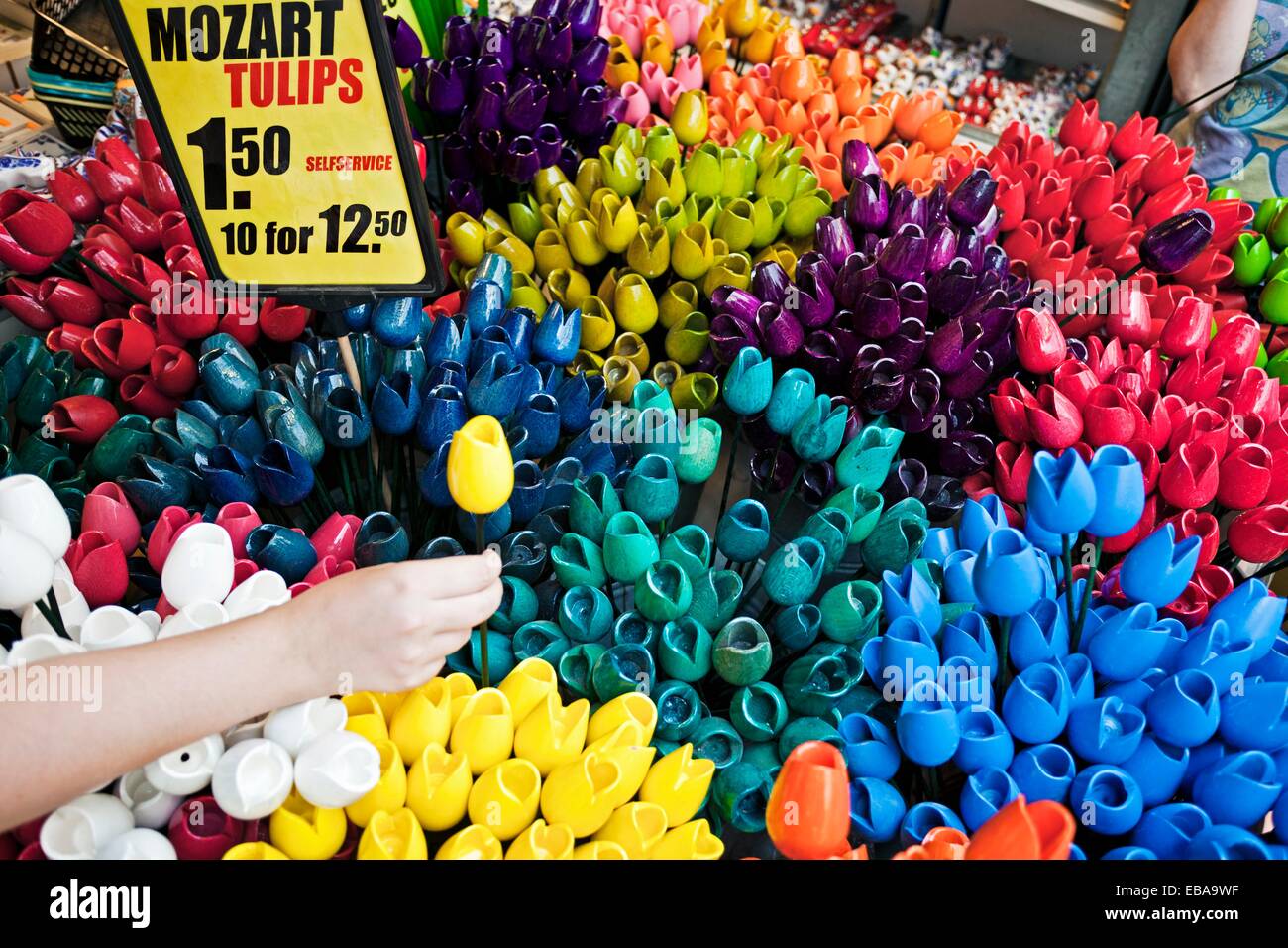 Wooden tulips, souvenirs, Flower Market, Amsterdam, Netherlands Stock