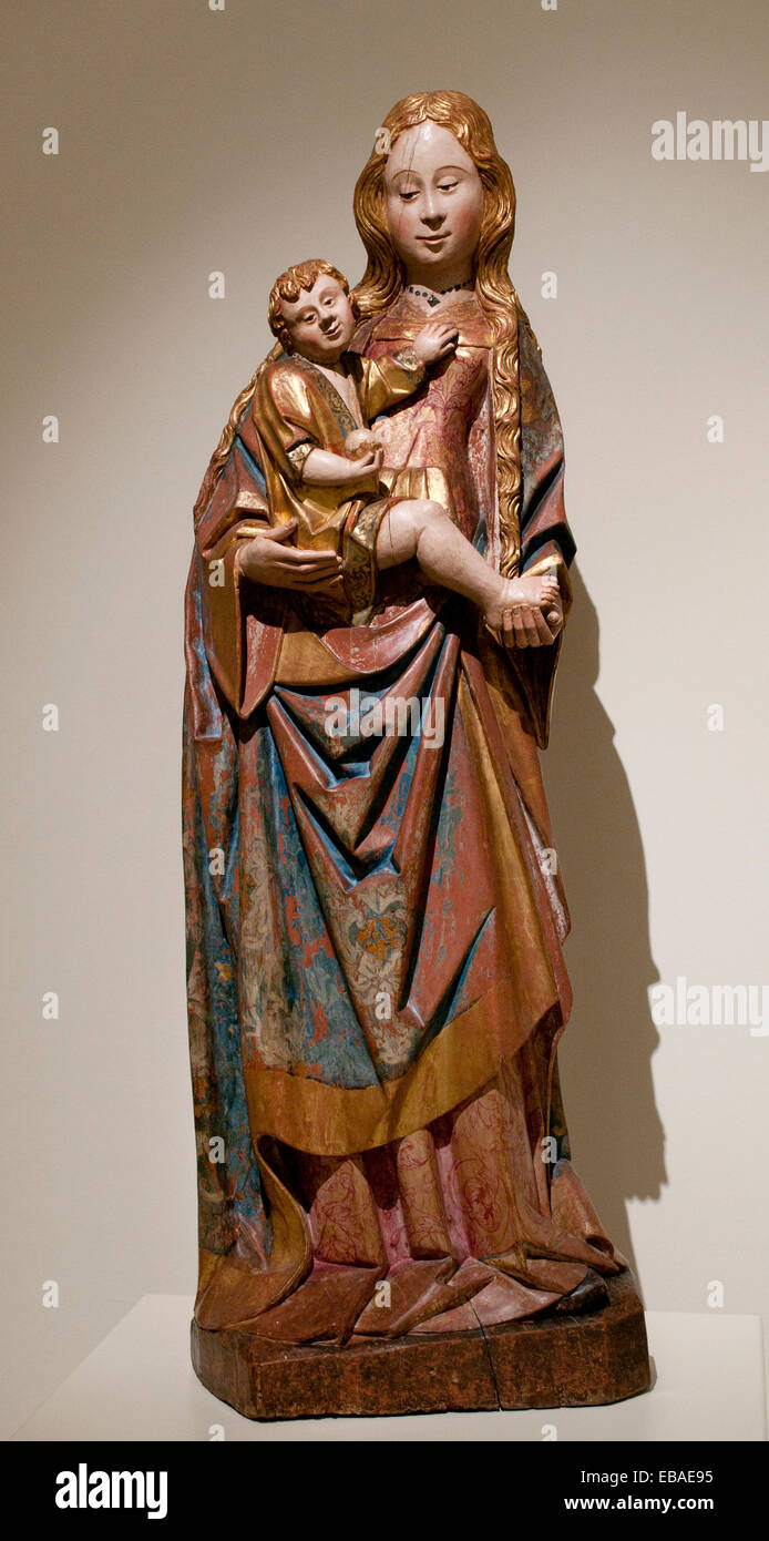 Virgin Medieval Gothic Art Sculpture1500 Gil de Siloé Burgos 1470-1500  Spain Spanish Polychrome wood carving with gold leaf Stock Photo