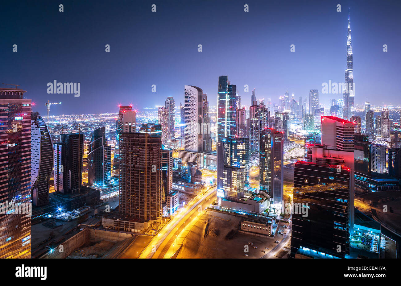 Beautiful night cityscape of Dubai, United Arab Emirates, modern futuristic arabian architecture Stock Photo