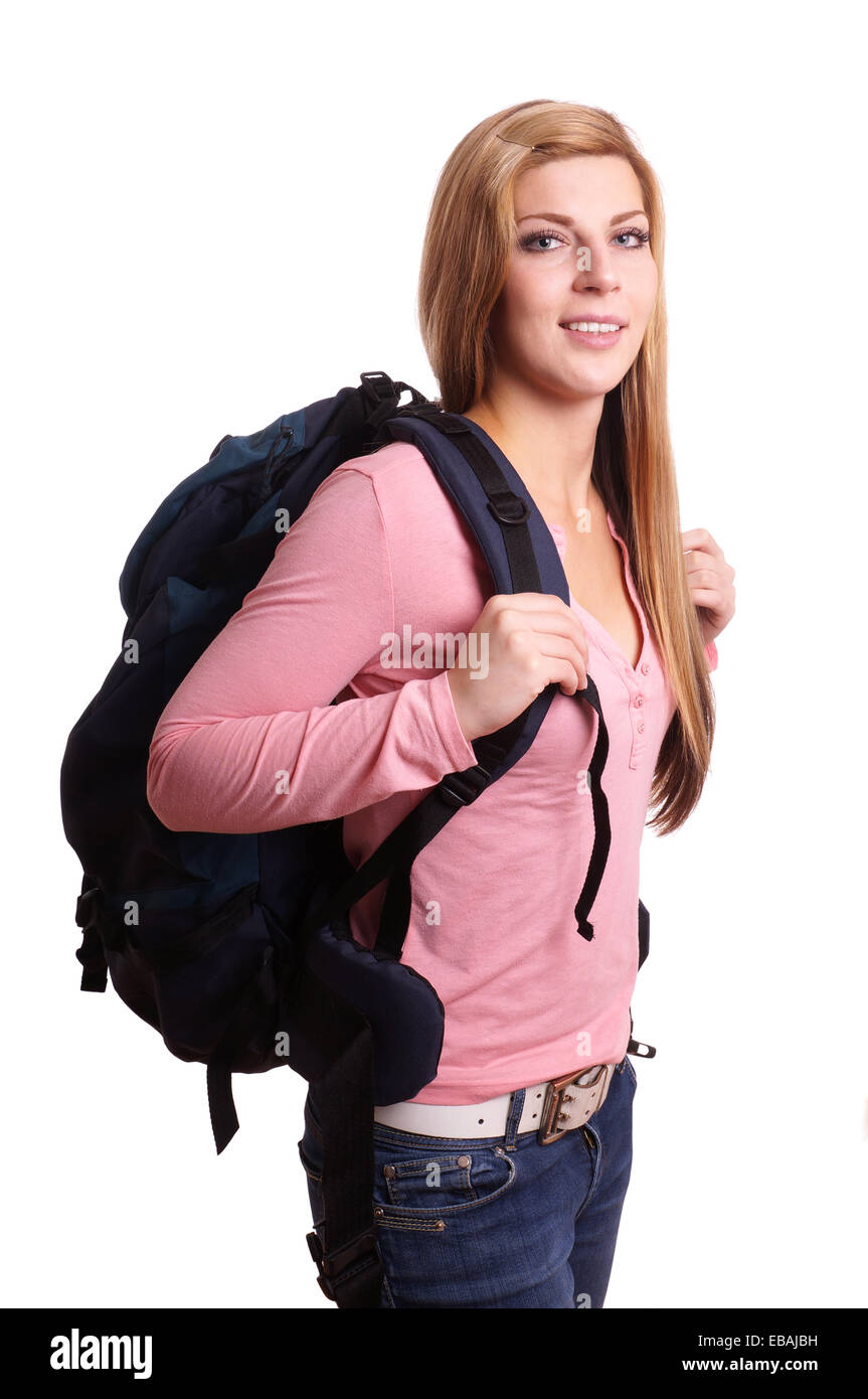 young woman carrying large backpack Stock Photo - Alamy