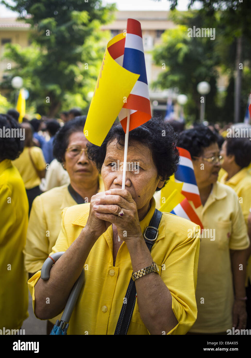 Bangkok, Bangkok, Thailand. 28th Nov, 2014. A woman prays for Bhumibol Adulyadej, the King of Thailand, at Siriraj Hospital. The King was born on December 5, 1927, in Cambridge, Massachusetts. The family was in the United States because his father, Prince Mahidol, was studying Public Health at Harvard University. He has reigned since 1946 and is the world's currently reigning longest serving monarch and the longest serving monarch in Thai history. Bhumibol, who is in poor health, is revered by the Thai people. His birthday is a national holiday and is also celebrated as Father's Day. He is Stock Photo