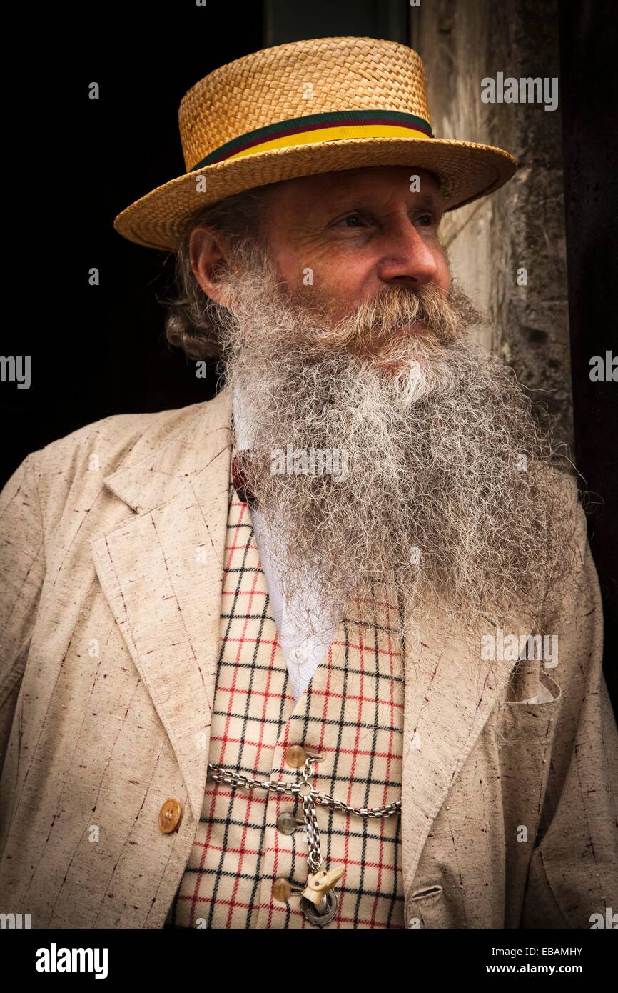 Bearded man with boater during Victorian festival historic precinct  Oamaru Otago Stock Photo