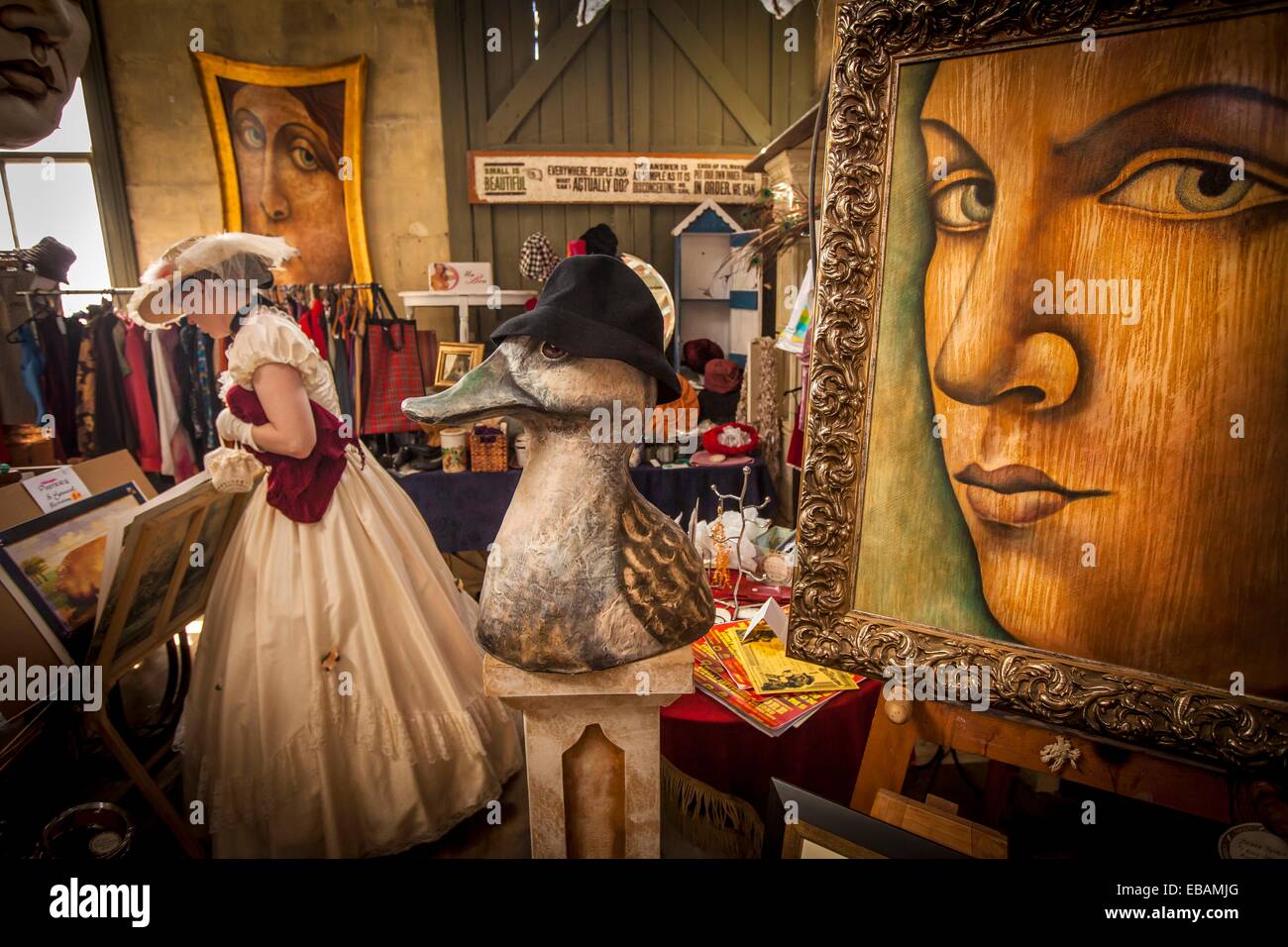 Lady in Victorian dress in Donna Demente´s art gallery, Victorian festival, historic precinct, Oamaru, Otago Stock Photo