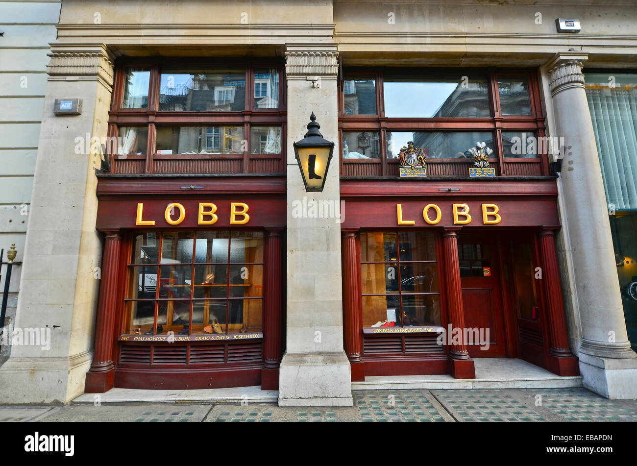 Exterior of John Lobb, boot & shoemaker in St James St, London, SW1. Holder of several royal warrants. Stock Photo