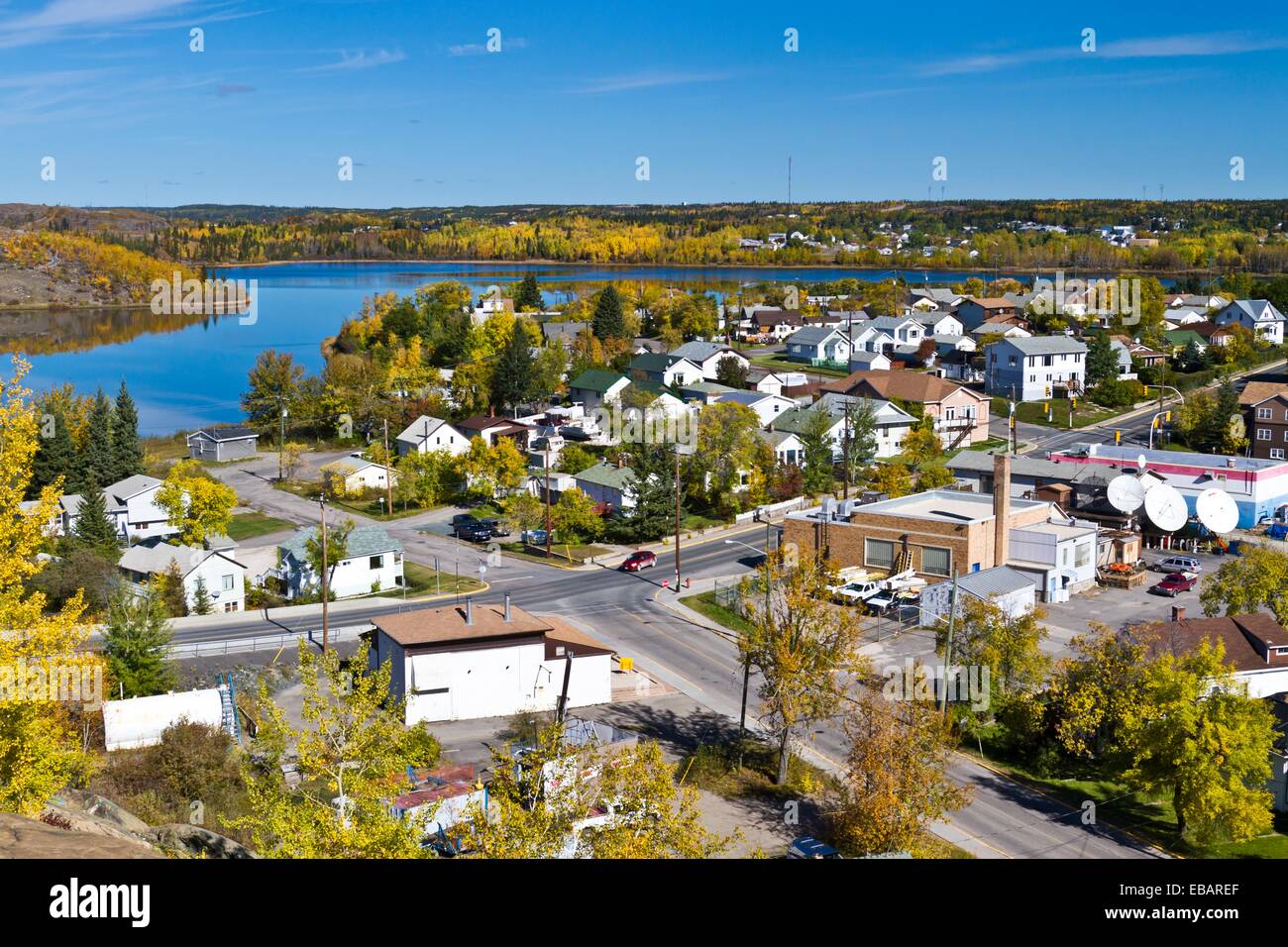 The city of Flin Flon with yellow autumn fall foliage color, Manitoba