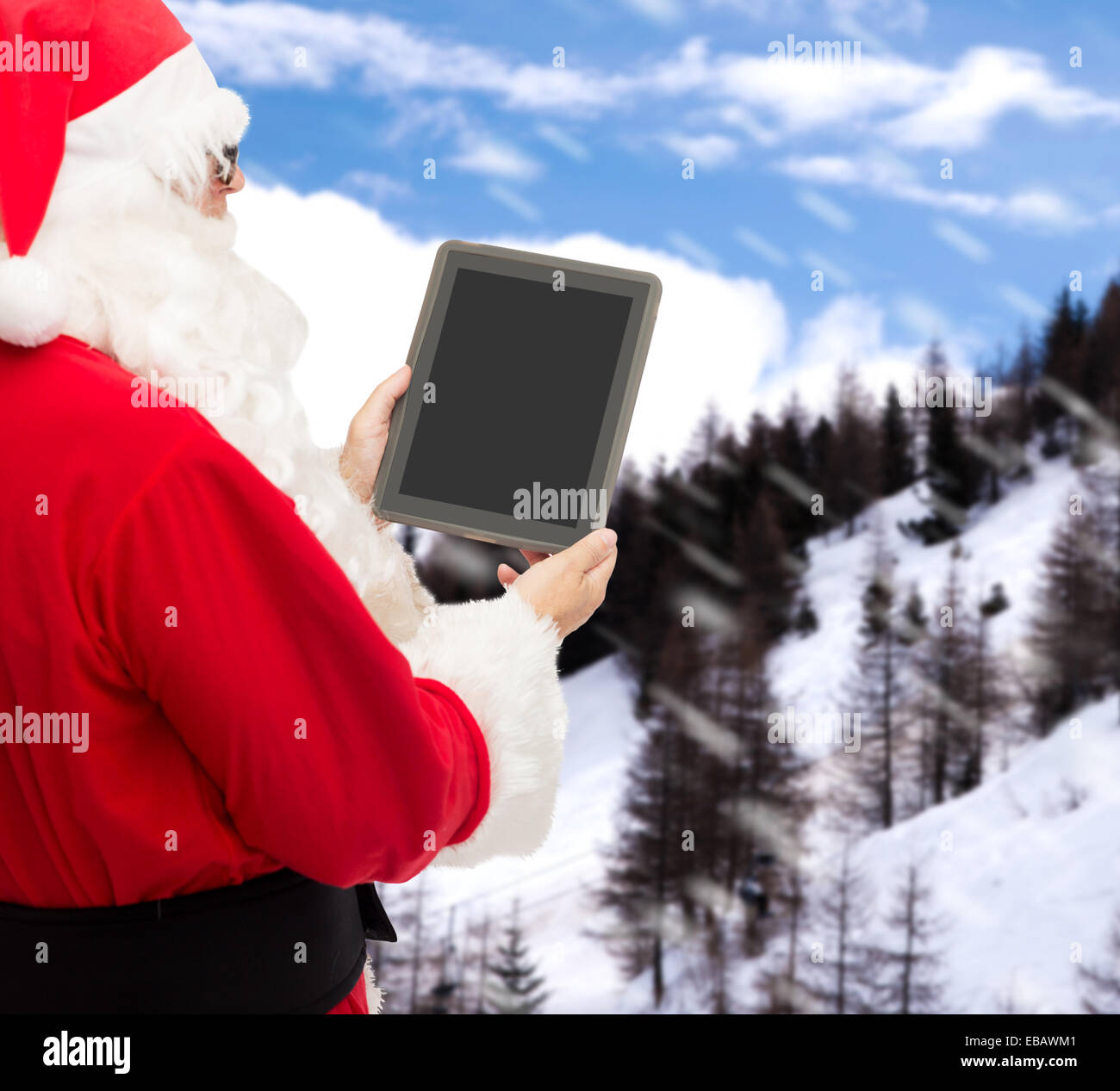 man in costume of santa claus with tablet pc Stock Photo - Alamy