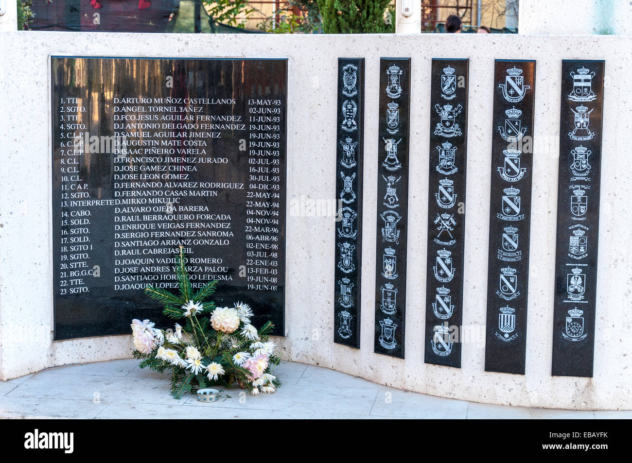 Memorial in Spanish Square Mostar Bosnia and Hercegovina to the twenty three 23 UN Spanish peacekeepers who died in the town dur Stock Photo