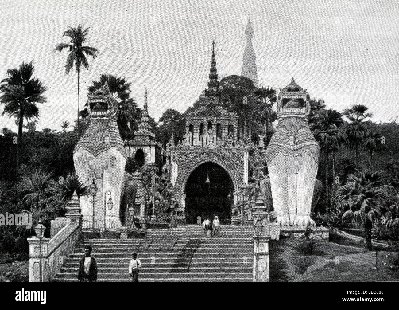 Entrance to the Pagoda in Rangoon with its fabulous animals  In Mandalay, the last capital of the kings of Burma, Travel of Dr Stock Photo