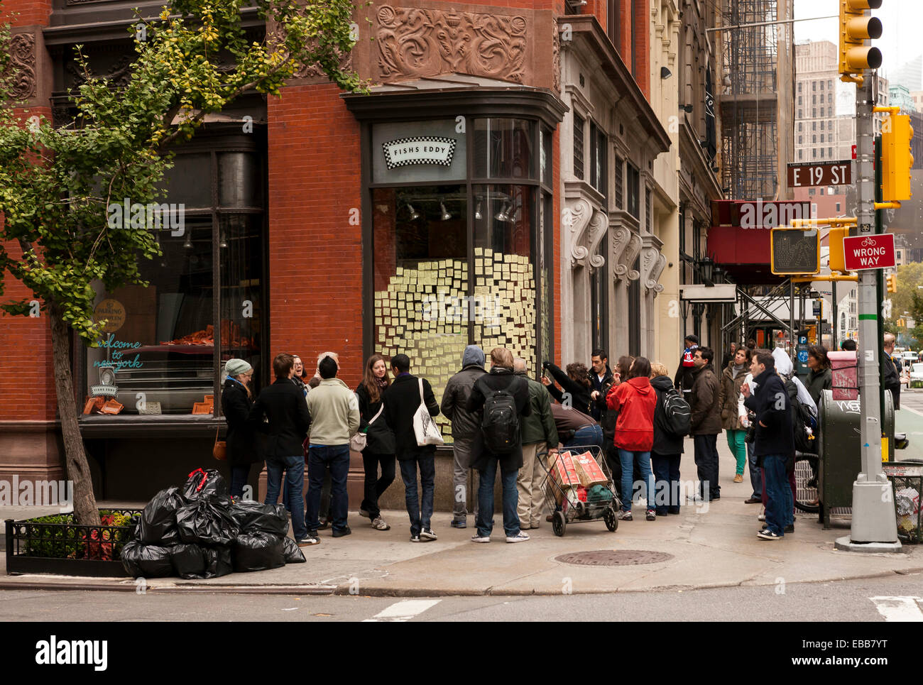 New York City, USA - Nov 2, 2012: After the Hurricane Sandy, people started to to post notes for Sandy on Fishs Eddy windows Stock Photo