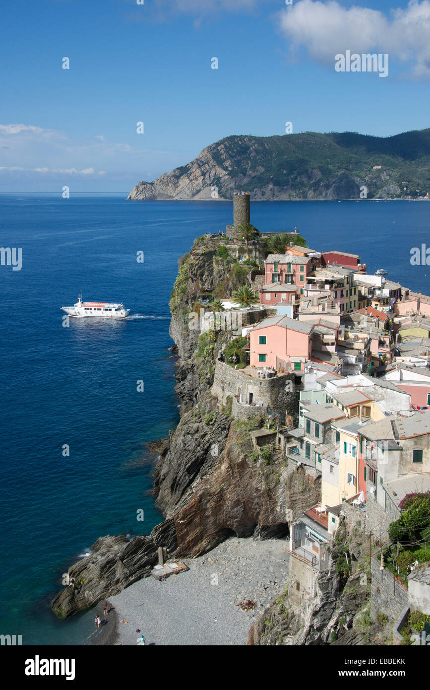 View of Vernazza and coastline Cinque Terre Italy Stock Photo