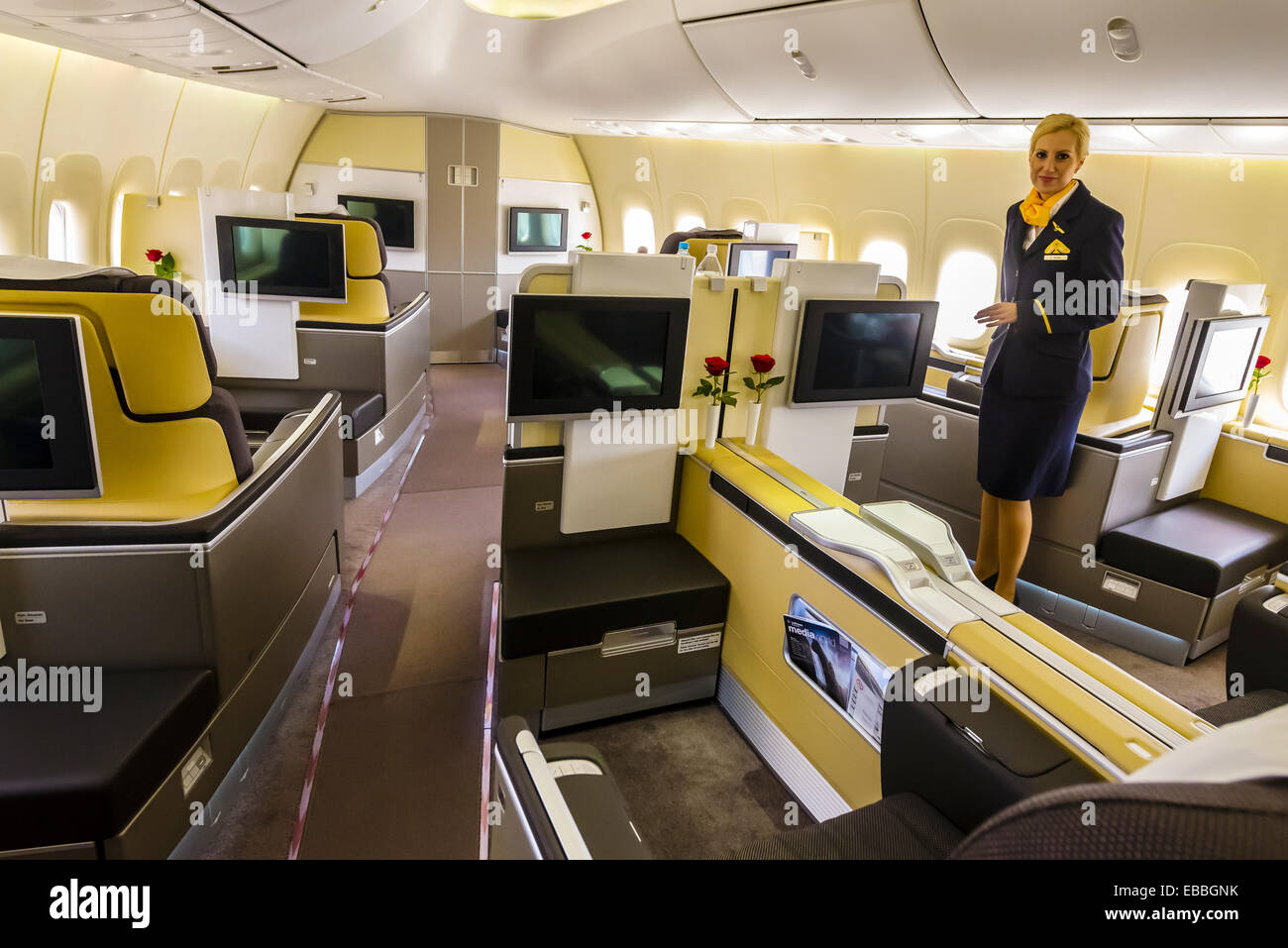First Class Cabin Of A Lufthansa 747 Jet At Frankfurt Airport
