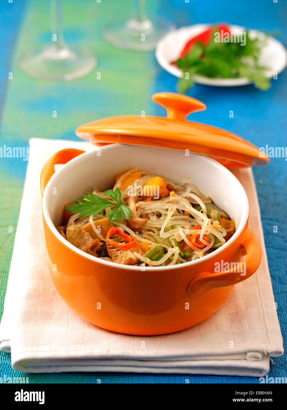 Rice noodles with vegetables. Recipe available. Stock Photo