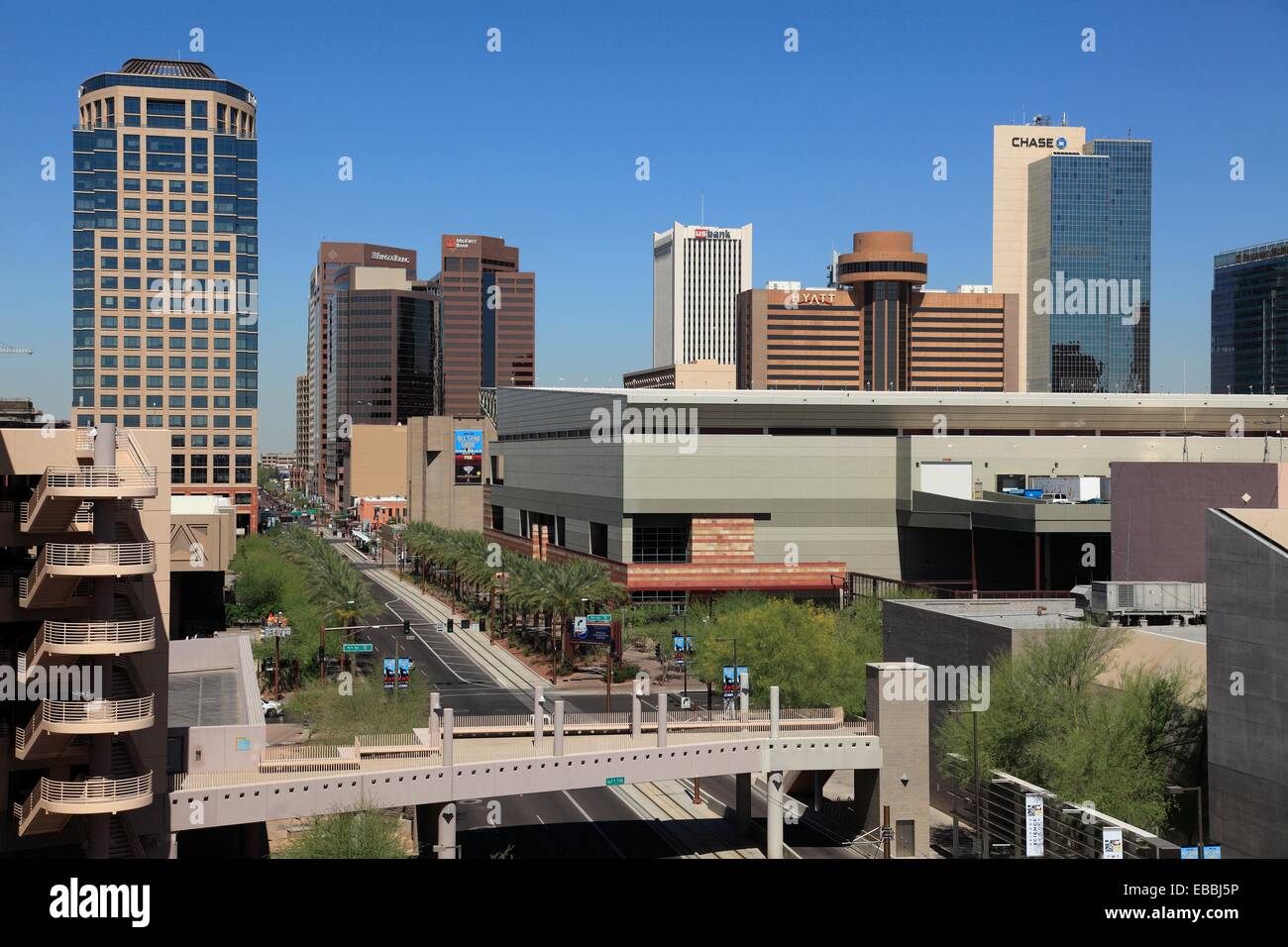 Downtown Phoenix skyline from East Washington street  Arizona  USA. Stock Photo