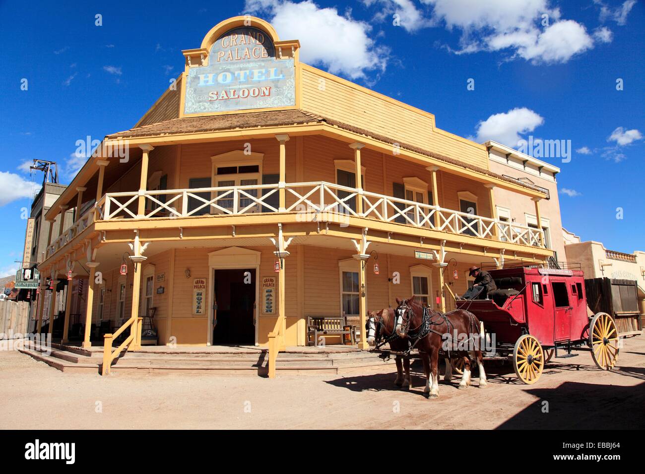 Grand Palace Hotel and Saloon with a horse carriage in Old Tucson Studio. Tucson. Arizona. USA. Stock Photo