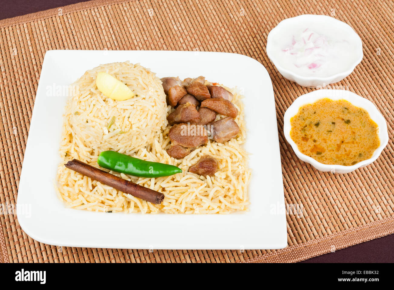 Overhead view from the top of delicious mutton (lamb) biryani with