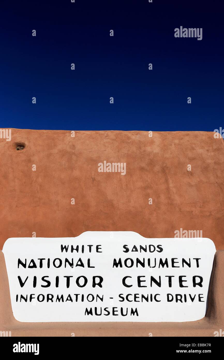 The sign of the visitor center of White Sands National Monument. Alamogordo. New Mexico. USA. Stock Photo