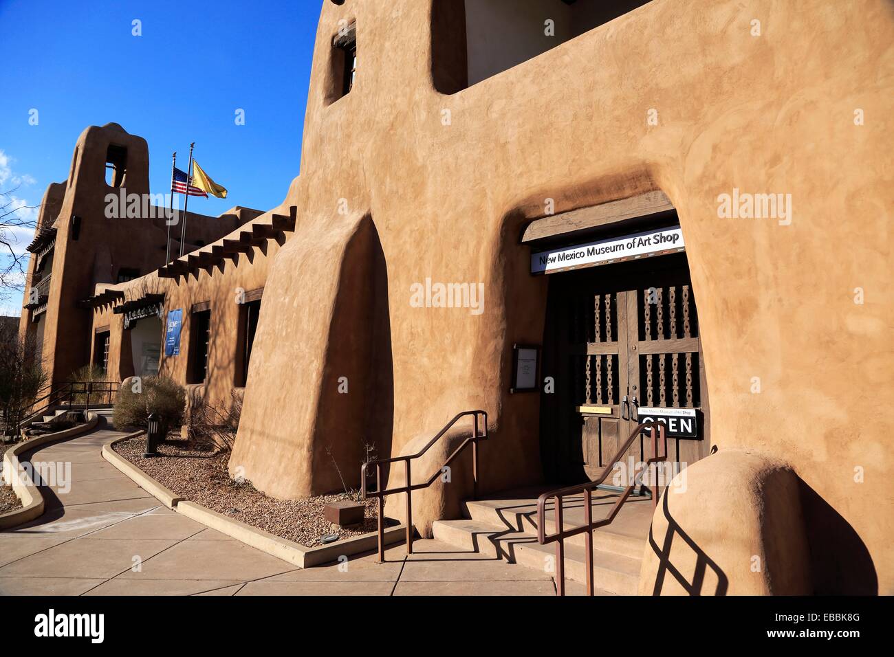 The adobe architecture of New Mexico Museum of Art in Santa Fe. New Mexico. USA. Stock Photo