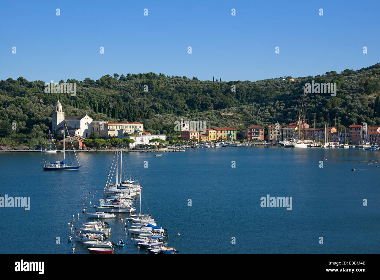 Moored boats and harbour Le Grazie Liguria Italy Stock Photo
