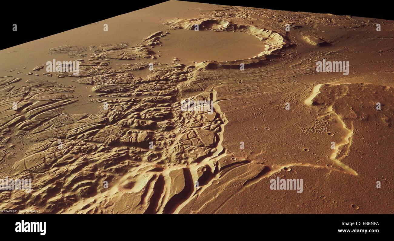 Mars Express flew over the boundary between Kasei Valles and Sacra Fossae and imaged the region, acquiring spectacular views of Stock Photo