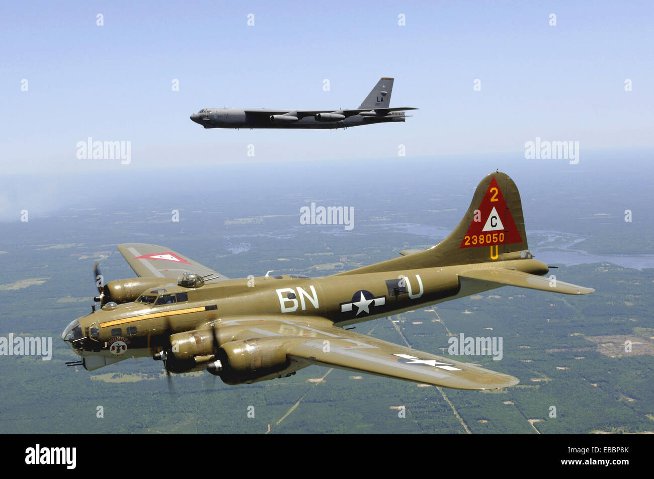A B-17G Flying Fortress nicknamed ´Thunderchief´ participates in a heritage flight with a B-52H Stratofortress from the 2nd Stock Photo