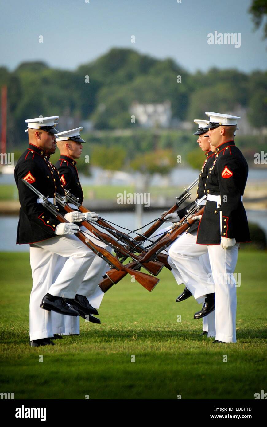 110727-N-OA833-004 ANNAPOLIS, Md July 27, 2011 Members of the U S Marine Corps Silent Drill team perform at the U S Naval Stock Photo